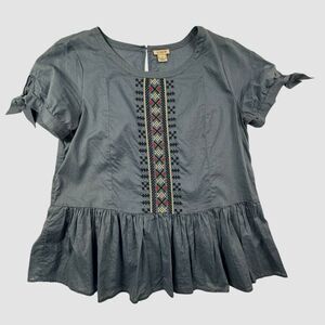 J Crew Blue Tie Sleeve Embroidered Peplum Top Women Size 4 Blue Needlepoint